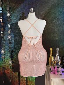 1pc Midnight Glam/Pink Sequin Spaghetti Strap Bodycon Sexy Nightgown For Women - Dusty Pink - View 2