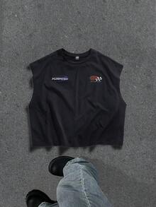 Manfinity ZONE917 街头风做旧褪色赛车速度图案印花黑色短款背心 - 黑色 - 查看 5