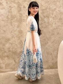 Dazy Kids Tween Girls Elegant Floral V-Neck Puff Sleeve Belted Mid-Length Dress, Autumn Summer Vacation - Blue - View 3