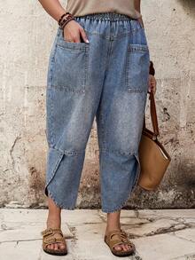 EMERY ROSE 大码女式弹力腰双口袋锥形休闲牛仔裤 - 藍色 - 查看 2