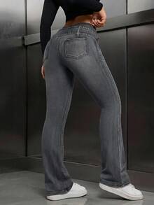 SHEIN ICON Quần jeans ống loe cạp chun, màu xanh denim, phong cách thường ngày năng động, thích hợp cho nữ đi làm. - Màu Xám nhạt - Xem 2