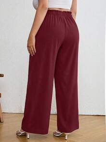 EURMUSE Plus Size Casual Solid Color Drawstring Waist Loose Pants - Burgundy - View 2