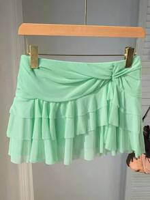 SHEIN EZwear 女士时尚不对称荷叶边腰部薄荷绿蛋糕裙 - 薄荷綠 - 查看 3