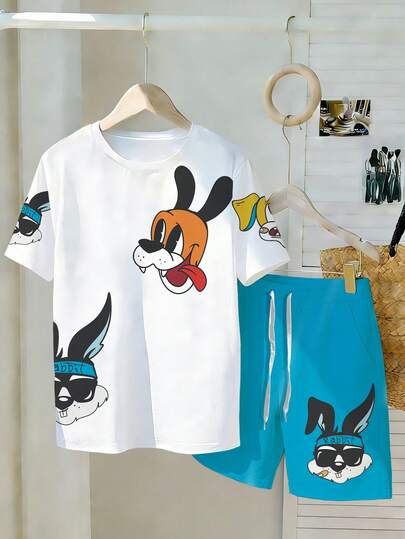 Chillumni 2件套加大码男士趣味动物图案T恤和短裤套装