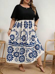 SHEIN CURVE+ Curve 加大码 US22 音乐节、海滨度假、波西米亚风 CURVE PLUS / / 女士夏季印花拼接连衣裙，波西米亚风海滩度假装，热带印花收腰 A 字长裙 - 彩色 - 查看 3