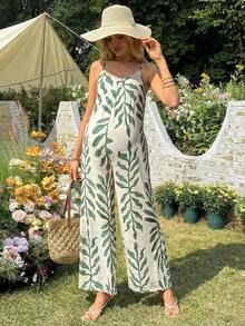SHEIN Maternity Jumpsuit, Scoop Neck, Oversized, Bamboo Fiber Printed Straight Leg Pants - Green - View 5