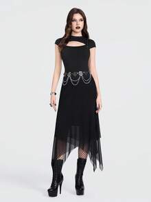 Breakform Chân váy nữ kiểu Gothic gợi cảm, màu trơn, chất liệu lưới phối nhiều mảnh, cạp chun, vạt bất đối xứng, dài đến đầu gối. - màu đen - Xem 4