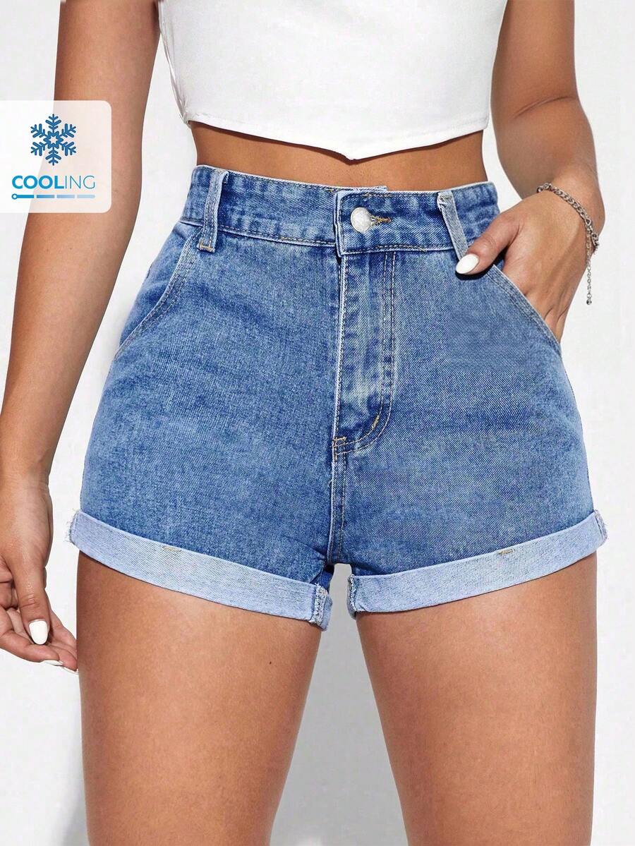SHEIN EZwear 夏季休閒破邊牛仔短褲，浅色洗水磨破 - 淺色水洗藍 - 查看 1