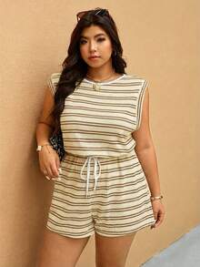 Elaquor Plus Size Striped Print Crew Neck Sleeveless Jumpsuit - Khaki - View 5