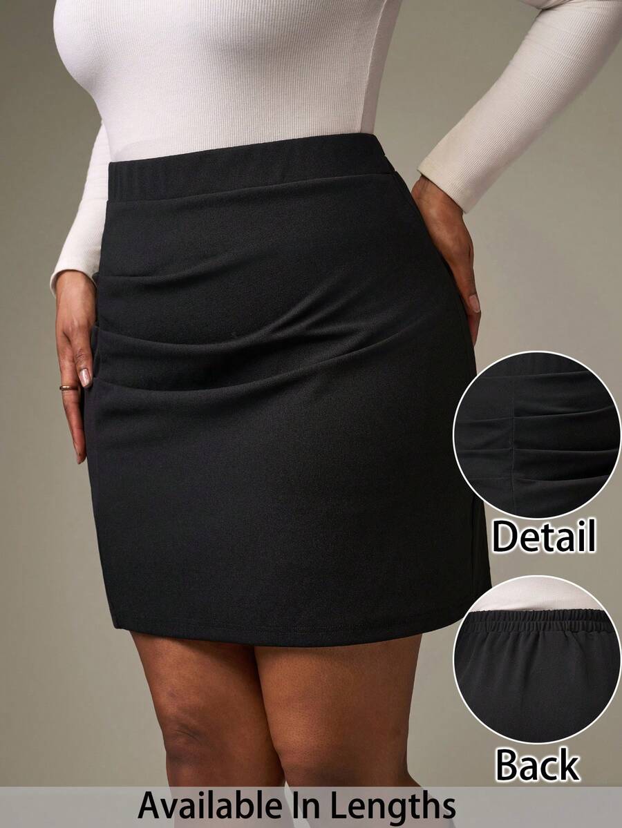 SHEIN Tall CURVE 加大码黑色弹力针织加大码褶皱 A 字裙,优雅百搭的日常穿着 - 黑色 - 查看 1