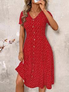 SHEIN Clasi Plus Size Summer Casual Heart Print Button Front Dress - Red - View 1