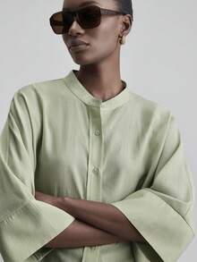 Ontre 2026春夏新款薄荷绿舒适柔软面料宽松七分袖优雅婚礼宾客衬衫，简约浪漫法式时尚奢华都市商务休闲办公装，低调复古高端通勤机场邮轮必备百搭季节性新娘衬衫 - 綠色 - 查看 7