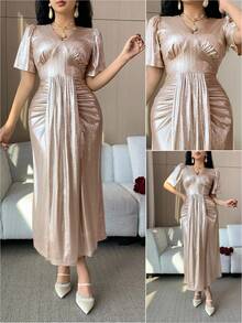 DAZY Women's Elegant V-Neck Pleated Midi Dress, Silver Metallic, Summer Wedding Guest Dress Sundress - Apricot - View 9