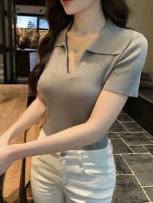 DAZY Women's Collared Ruched Fitted Short Sleeve Knit Top - Grey - View 4