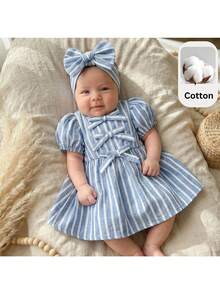 Loomiva Newborn Baby Girl Soft Knit Round Neck Petal Sleeve Cinched Waist Dress Baby Bow Dress Seersucker Infant Dresses Cotton Baby Dress - Multicolor - View 1