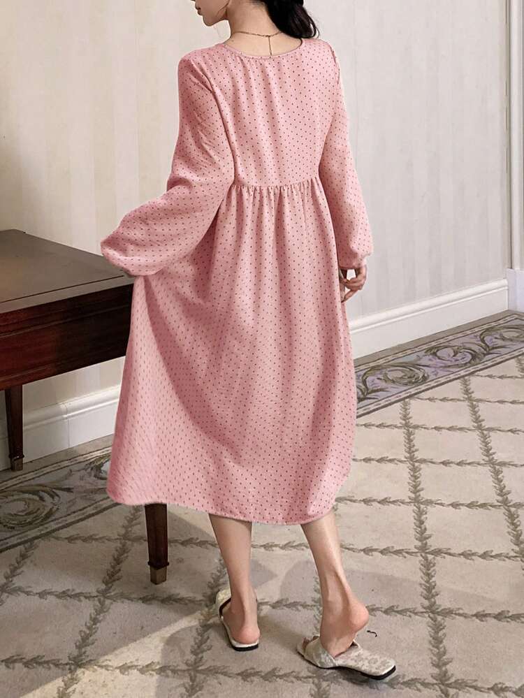 Polka Dot Pattern Loose Long Sleeve Dress, Women's Spring Sleepwear