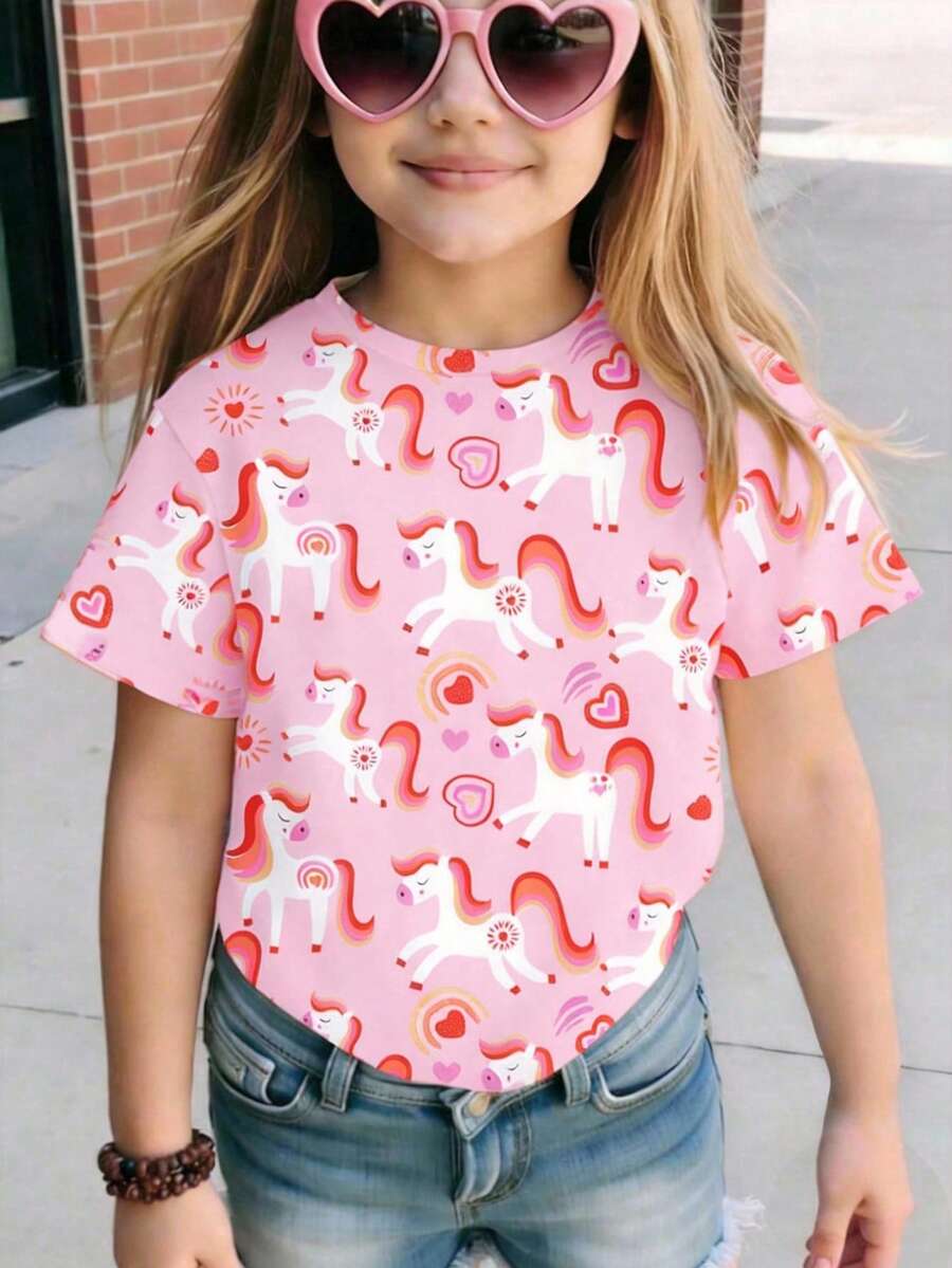Camiseta con estampado de corazones y ponis arcoíris para niña, diseño minimalista - Multicolor - Ver 1