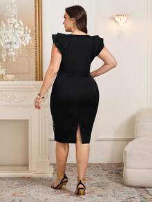 Ellevyn 大码女士优雅荷叶边袖口撞色蕾丝修身连衣裙，夏季 - 彩色 - 查看 3