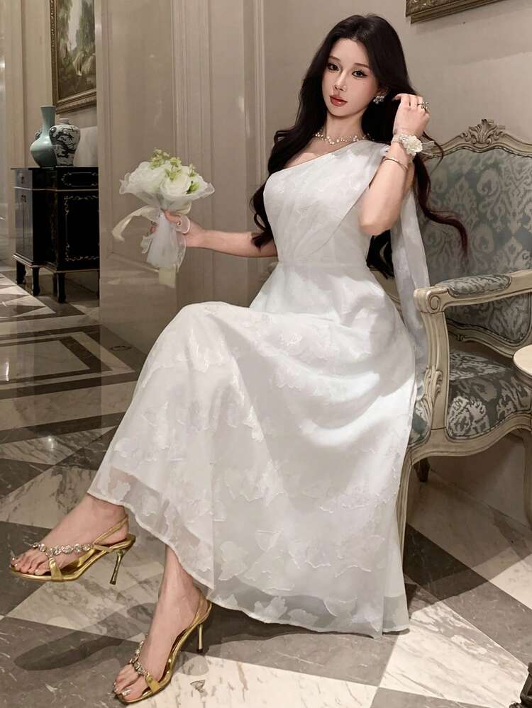 Women's Elegant Asymmetric Sleeveless Midi Dress With Pleated Shoulder, Suitable For Bridesmaids, Summer,Wedding Guest Dress Women Sundress