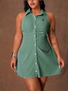 Rustia Plus Size Women Striped Knight Print Single-Breasted Sleeveless Casual Shirt Dress - Army Green - View 3