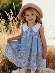 SHEIN 女婴/幼儿无袖简约蓝白连衣裙 - 藍色 - 查看 4