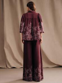 Anewsta 优雅花卉刺绣宽松领泡泡袖衬衫+阔腿裤女士两件套 - 酒紅色 - 查看 3