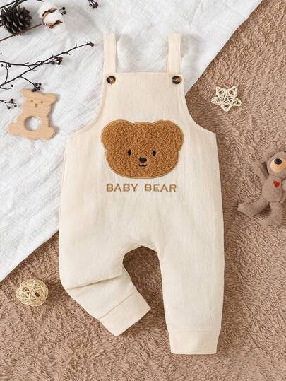 SHEIN Baby Boys' Soft Apricot Cute Brown Bear Embroidered Straight Leg Overalls, Suitable For Everyday Outings, Lazy Home Time, Parent-Child Interactions, Birthday Parties And Other Joyful Occasions, All Seasons