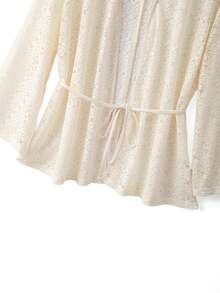 GlowEve CURVE Top lung pentru femei, mărimi mari, din material gros cu decupaj, cu neckline în V, mânecă lungă și decor cu fundă, elegant casual, pentru ieșiri, petreceri și vacanțe - Caisă - Vizualizare 4
