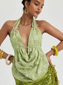 Coolane Women's Spring/Summer Chic Vacation Outfits Sequin Floral Sparkly Green Cowl Neck Backless Tank Tops - Green - View 5