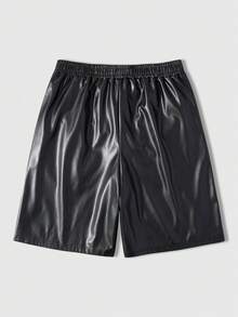 ROMWE MEN Street Life Men's Summer Casual Vacation Fashion Street Daily Commute PU Leather Elastic Waist Loose Shorts - Black - View 2