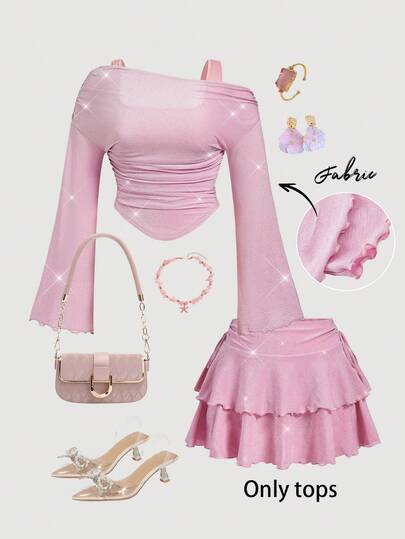 SHEIN MOD Plus Size Women Leopard Print Off-Shoulder Mesh 2in1 Trumpet Sleeve Long Sleeve Women's Top, Summer /Spring.Plus Size Light Pink Glitter Top Off Shoulder Style Ruched Bodice Sparkling Finish Flared Long Sleeves Asymmetric Neckline Soft Stretch Fabric Shimmer Effect Elegant Silhouette Fitted Waist Subtle Draping Delicate Texture Feminine Design Gentle Sheen Scalloped Sleeve Edges Lightweight Feel