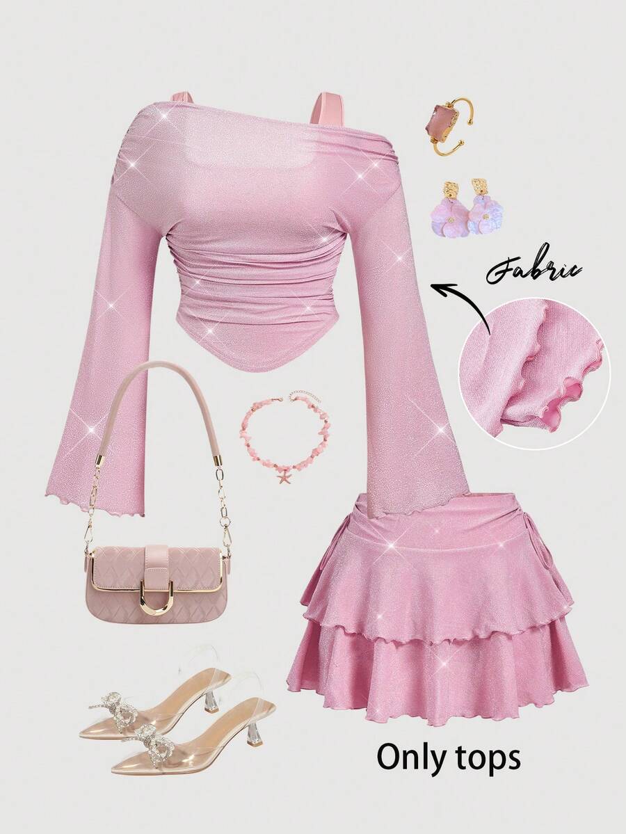 SHEIN MOD 大码女式豹纹露肩网纱二合一喇叭袖长袖上衣，春夏款 - 粉色 - 查看 1