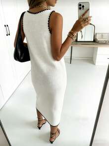 INAWLY Women's Casual Everyday Commute Versatile Contrast Binding V-Neck Sleeveless Sweater Dress - Beige - View 2