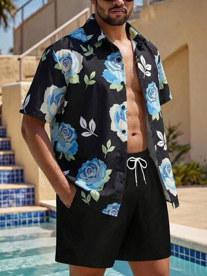 Manfinity Swimmode 男士夏季沙滩度假印花短袖衬衫搭配抽绳短裤沙滩套装