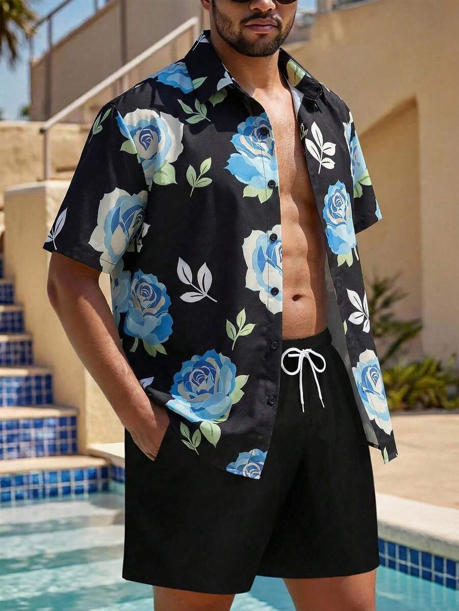 VIVINTIMO Bộ đồ đi biển mùa hè dành cho nam giới: áo sơ mi ngắn tay in hoa và quần short cạp chun. - Nhiều màu - Xem 1