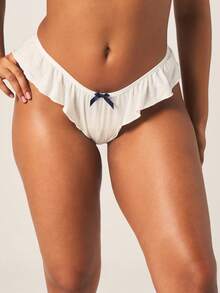MISSGUIDED Pointelle Knit Thong With Contrast Bow Trim And Frill Detail Hipster Coverage Intimate Soft Elastic Waistband Underwear - White - View 4