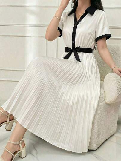 Elegant Commuter Teens Dress, Black Shirt Collar Short Sleeve Pleated Flare Dress, Contrast Color Design, Glossy Fabric, Graceful Princess Dress