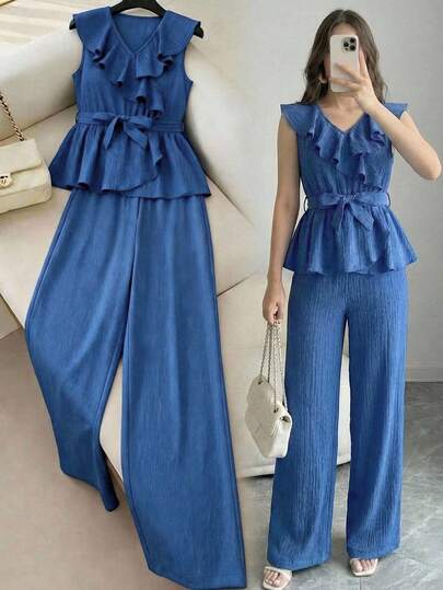 SHEIN Teen Girls' Blue Solid Color Casual Vacation Ruffle Tie Bow Blouse And Wide Leg Pants Set Denim Matching Set Linen Two Piece Set Girl Jump Suit Set Ruffle Teen Jumpsuit 2 Piece Denim Sets Woman