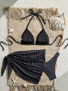 Swim Mod Women's Tropical Polka Dot Print Bikini Two Pieces Bikini Set Set, Casual Holiday,Summer Vacation Outfits - Black and White - View 2