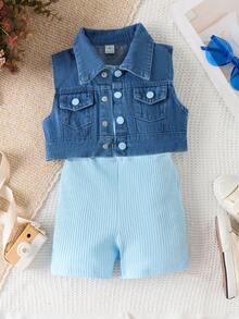SHEIN Elladie kids 2件套女童纯色无袖上衣和连体裤 - 淺藍色 - 查看 3