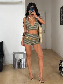 Coolane Women's Summer  Hippie Sexy Cowgirl Western Wear Vacation Beach Outfits  Rib Knit Green Striped Tube Top And Boot Shorts Lounge Sets Two Piece Outfits - Green - View 2