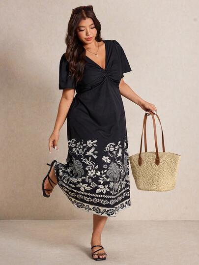 Elaquor Plus Size Casual Vacation Elegant V-Neck Cinched Waist Dress