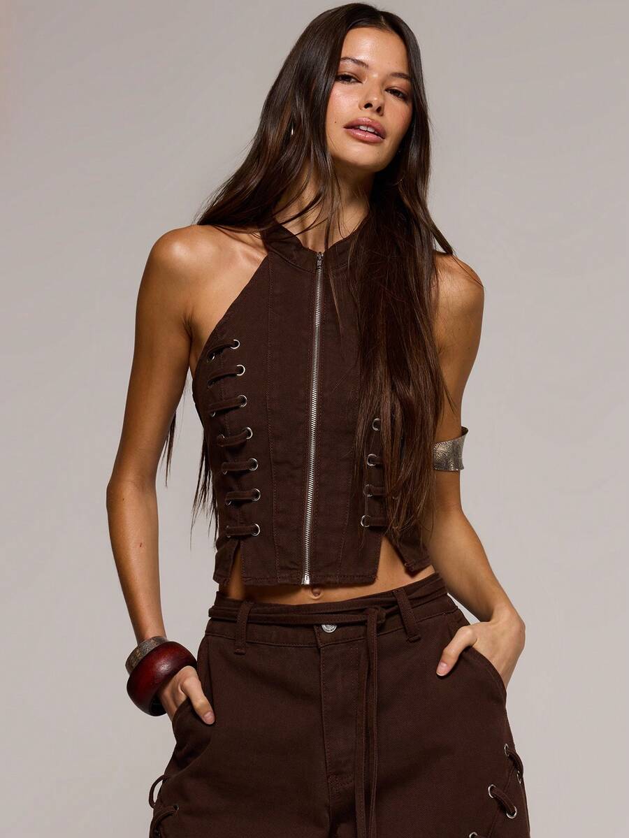 MUSERA 高领镂空系带修身长款牛仔上衣，春夏性感约会夜店节日假日外出度假必备单品 - 巧克力棕 - 查看 1