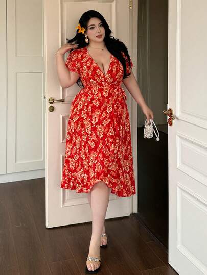 Vibekara Vestido de verano con cuello en V, estampado, cintura alta y cintura con lazo, estilo vacacional para mujeres de talla grande