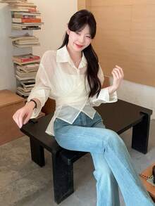 DAZY Kemeja Tencel Wanita Warna Gading dengan Desain Mengencangkan Pinggang, Blus Lengan Panjang dengan Bagian Depan Silang - Aprikot - View 6