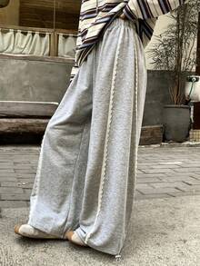 FRIFUL Women's Elastic Waist Contrast Lace Loose Casual Pants - Grey - View 2