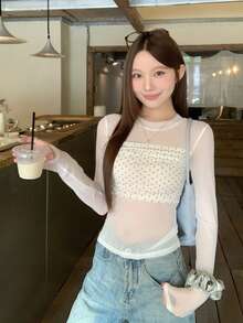 DAZY 女士扎染双层网眼上衣，修身波点T恤衫，春夏款 - 白色 - 查看 3