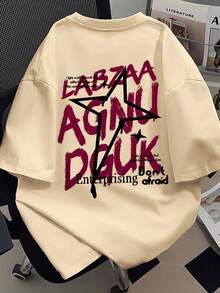 Manfinity Dauomo 男士美式街头复古涂鸦字母星形印花T恤，夏季宽松休闲短袖上衣 - 卡其色 - 查看 3