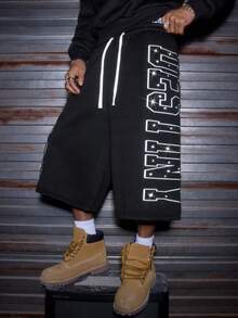 AXEPEAK Men's Letter Print Drawstring Waist Rhinestone Decor Casual Versatile Daily Wear Shorts - Black - View 5