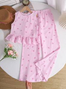 SHEIN Bộ đồ thể thao cho bé gái tuổi teen: áo và quần không tay cổ tròn, kẻ sọc, cài cúc phía sau. - Màu Hồng baby - Xem 6